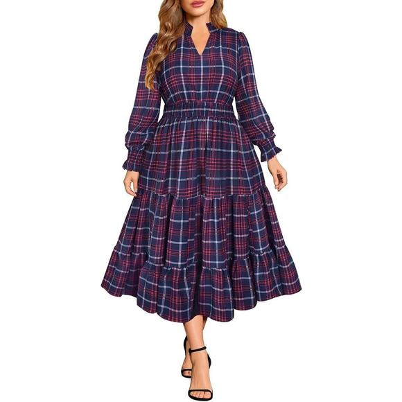 Womens Navy Plaid Cottage Preppy Prairie Classic Tiered Ruffle Midi Dress 1X - Picture 1 of 6